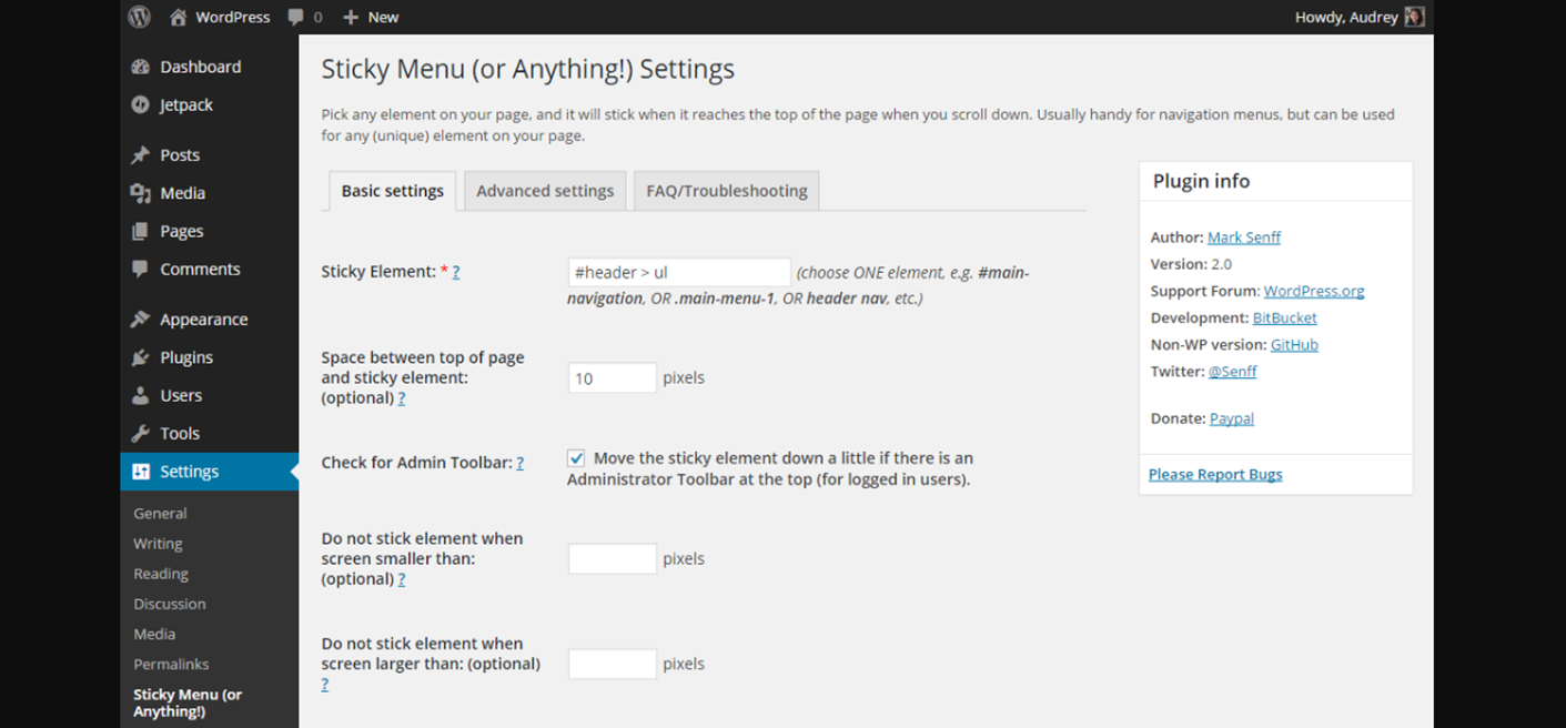 Sticky Menu basic settings