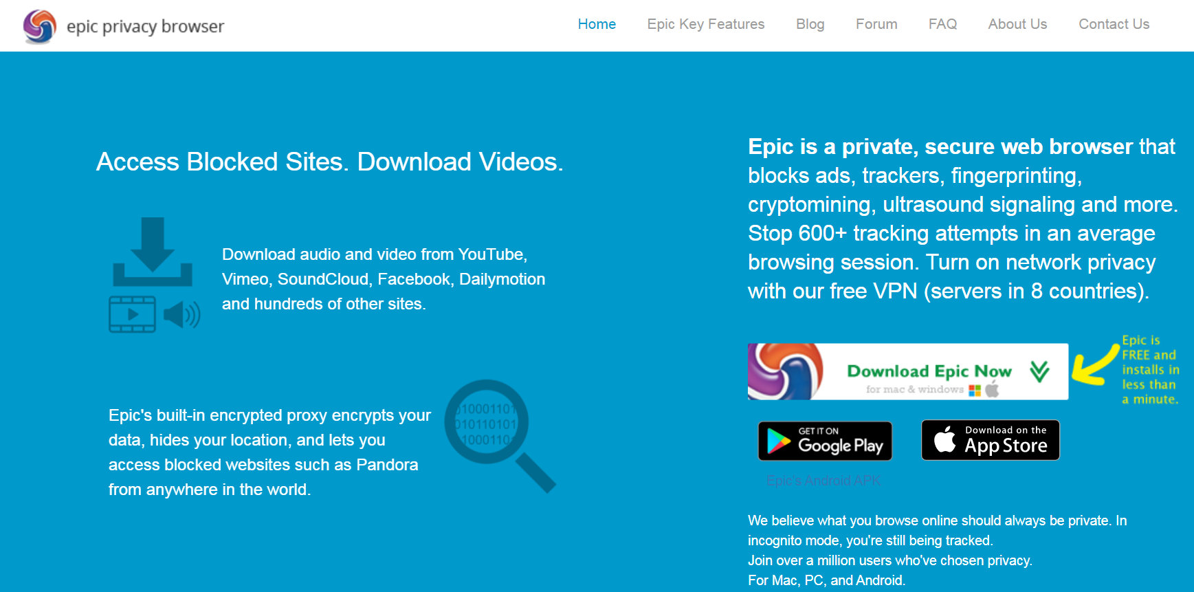 Epic Privacy Browser homepage