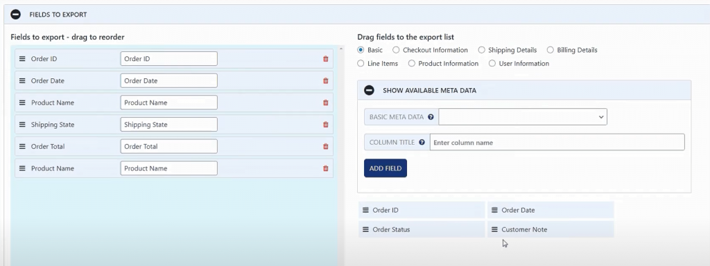 WooCommerce fields to export 