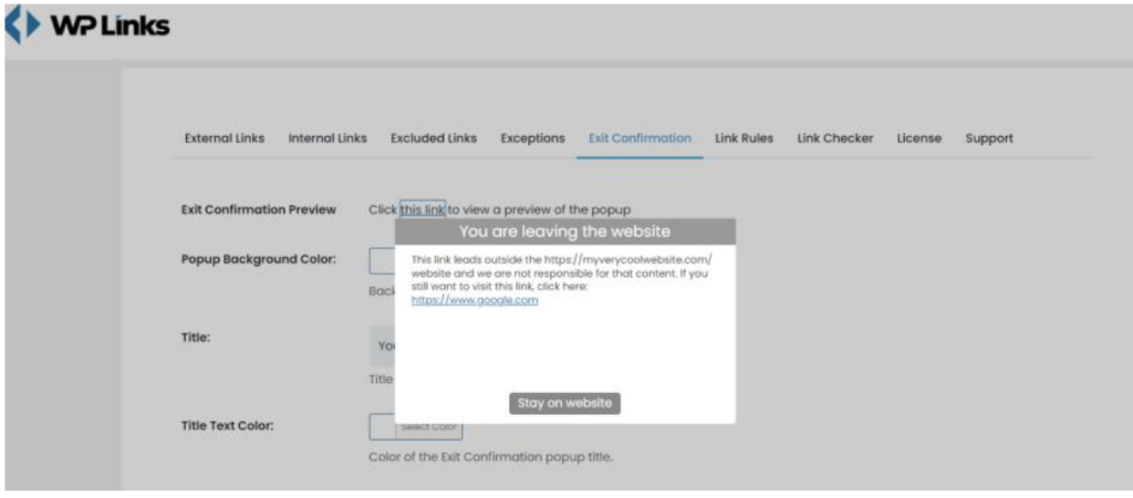 WP Links exit confirmation